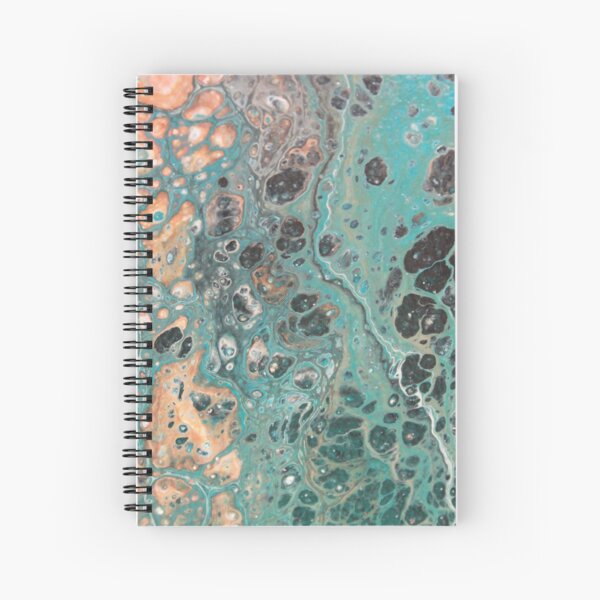 Fluid art - teal, black, white, orange flip cup Spiral Notebook