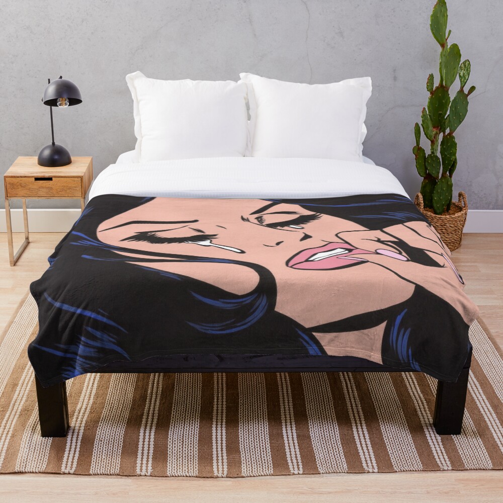 "Black Hair Crying Comic Girl" Throw Blanket by turddemon Redbubble