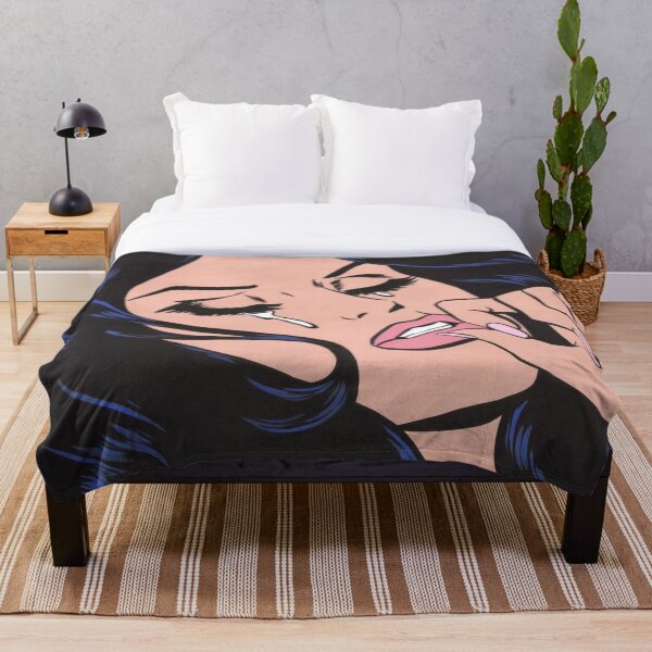 Black Hair Crying Comic Girl Throw Blanket