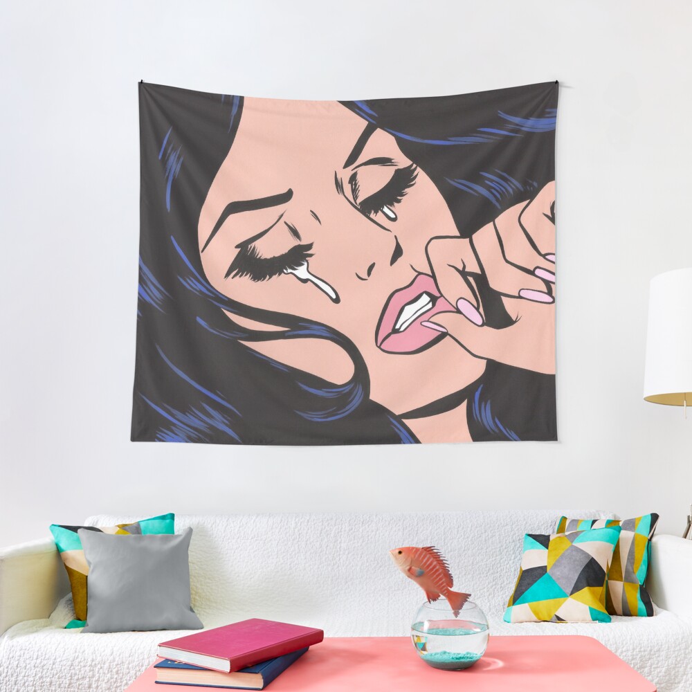Black Hair Crying Comic Girl Tapestry