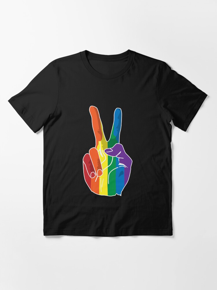 Vista alternativa de Camiseta esencial Signo de la paz (mano del arco iris)