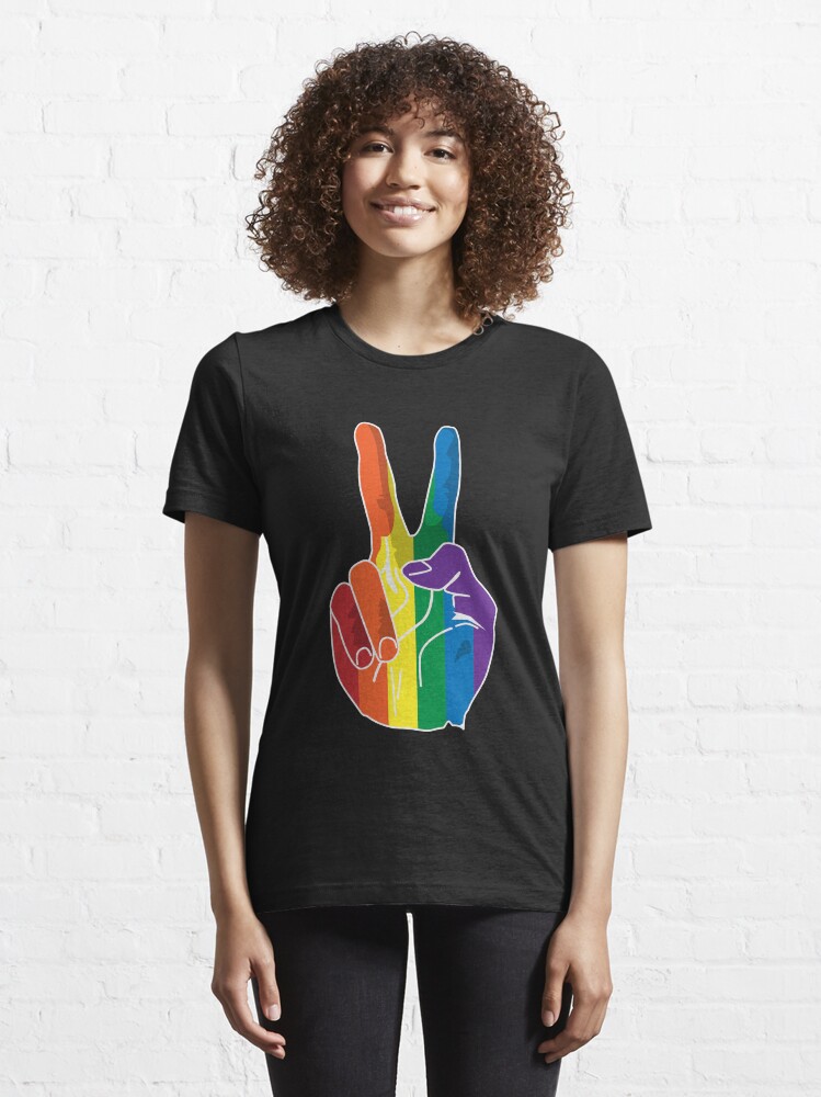 Vista alternativa de Camiseta esencial Signo de la paz (mano del arco iris)