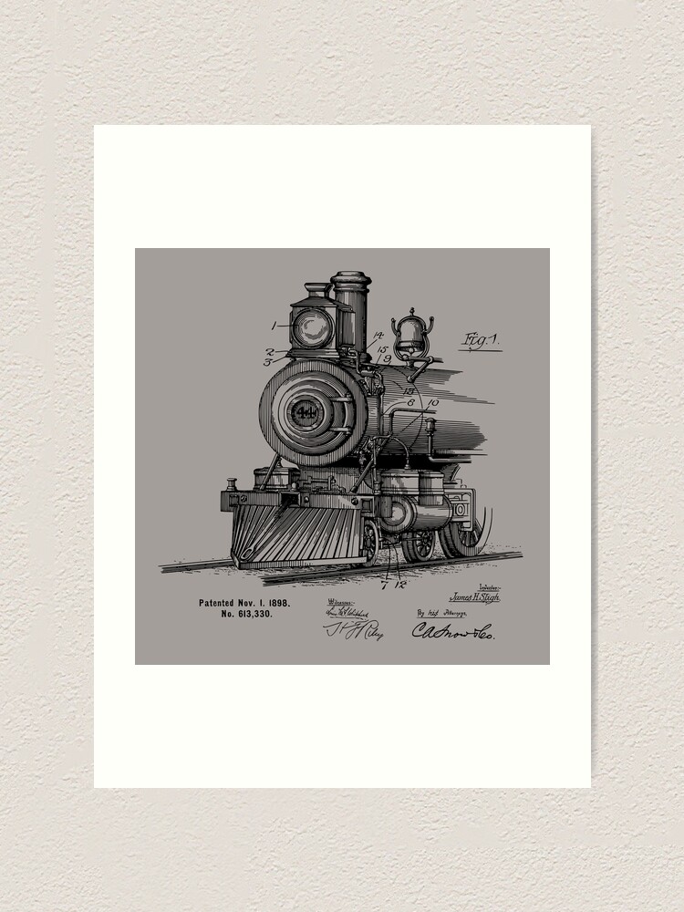 1898 Vintage Steam Engine Locomotive Patent Print T Shirt 1898 Vintage Steam Engine Locomotive Patent Print T Shirt