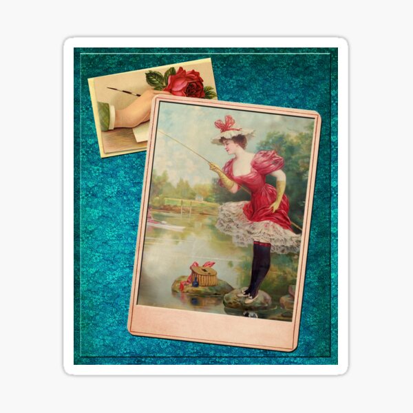 Victorian Fishing 2 In Brilliant Red Green And Blue Sticker