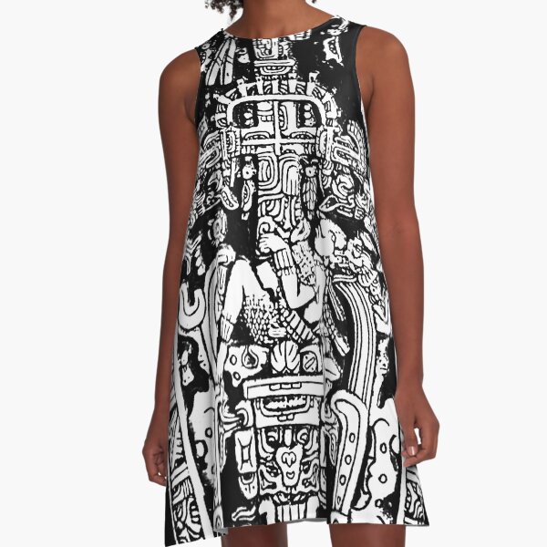 Ancient Astronaut. Pakal, Maya, sarcophagus lid, in Black & White. A-Line Dress