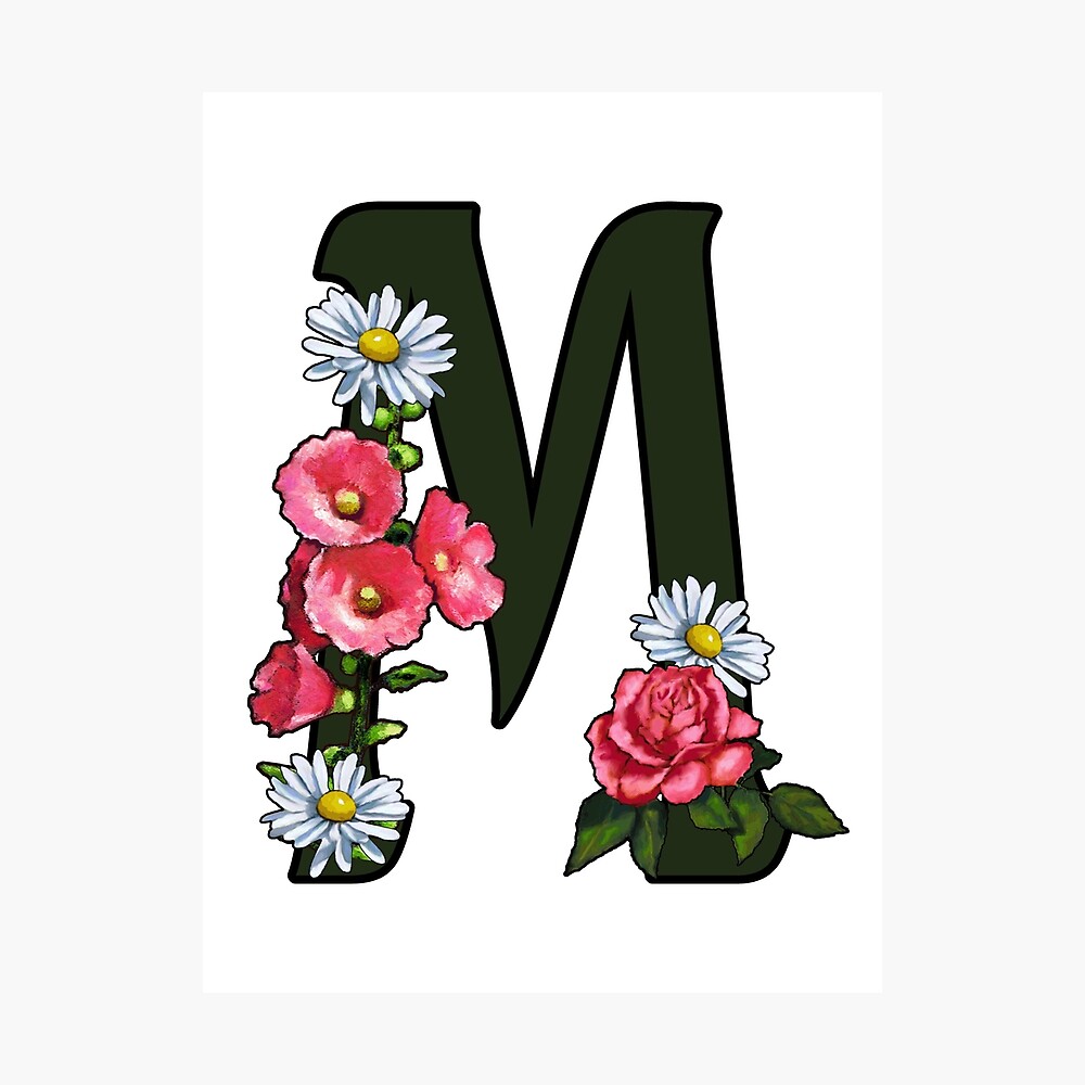 Letter M Monogram Floral Navy Blue and Burgundy Poster