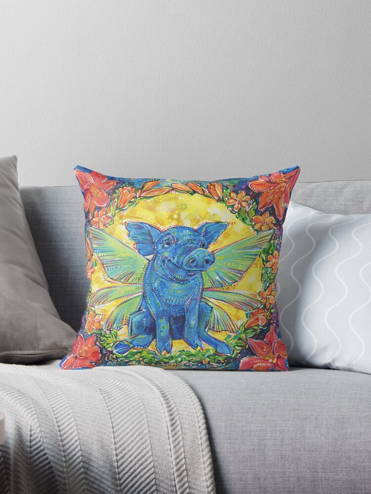 Throw Pillow, Fairy Pig Painting - 2018 designed and sold by Gwenn Seemel
