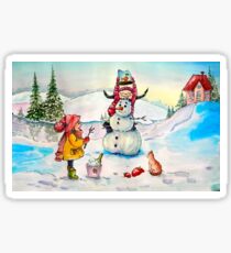 Watercolor paintings winter landscape. Holiday, children and showman. Fine art. Sticker