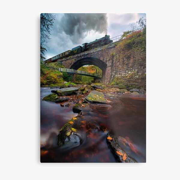 Steam train autumn stream Metal Print
