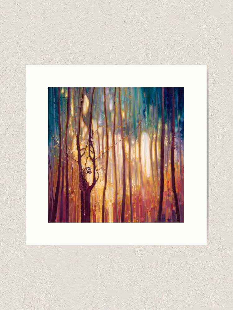 Art Print, Tiger Tiger Burning Bright - A tiger in a glowing forest artwork designed and sold by Gill Bustamante
