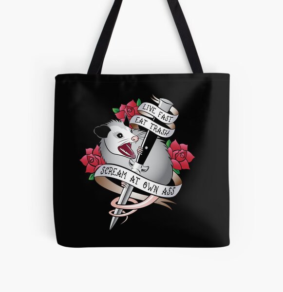 Opossum tattoo: Live fast, eat trash, scream at own ass. All Over Print Tote Bag