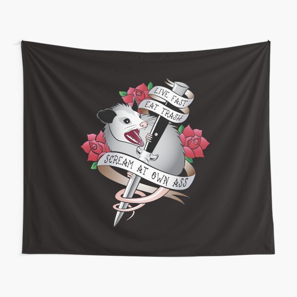Opossum tattoo: Live fast, eat trash, scream at own ass. Tapestry
