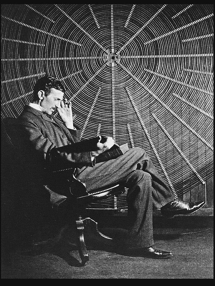 TESLA, Nicola Tesla, sitting in front of a spiral coil. by TOMSREDBUBBLE