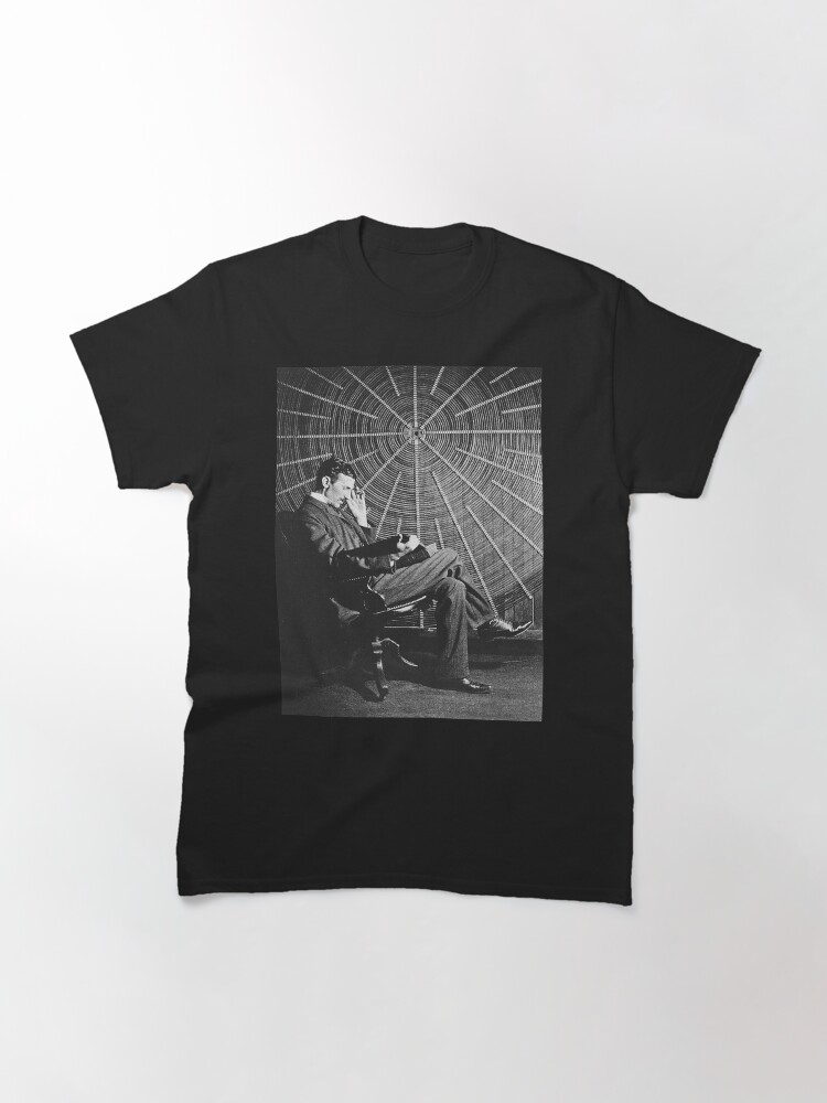 Alternate view of TESLA, Nicola Tesla, sitting in front of a spiral coil. Classic T-Shirt