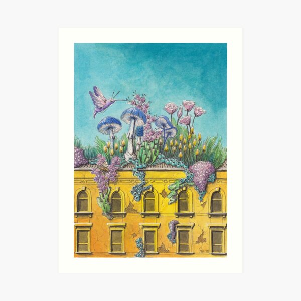 Yellow Building in Pilsen with Nature Growing on Top Art Print