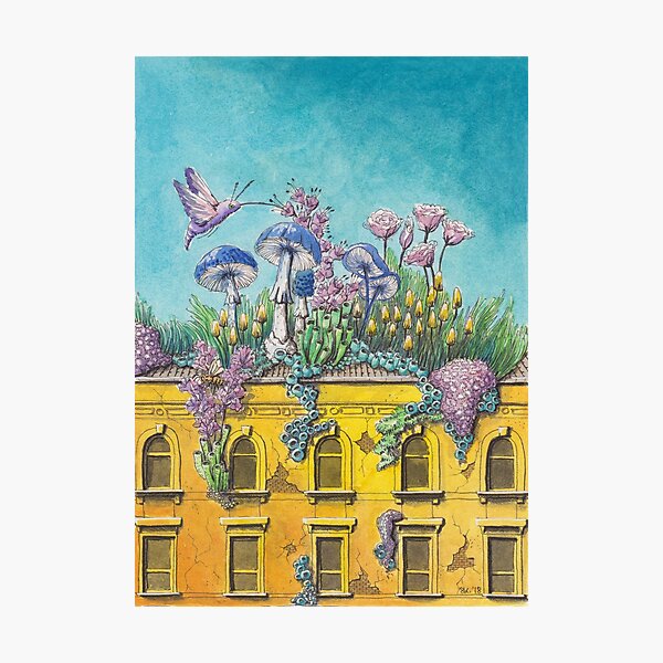 Yellow Building in Pilsen with Nature Growing on Top Photographic Print