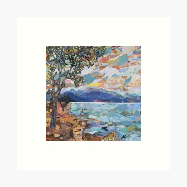 Sunset Lakeshore Mountains Art Collage by C.E. White Art Print