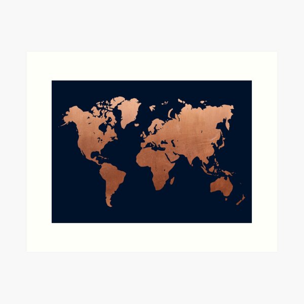 Vista previa del artículo con la obra «Mapa del mundo - azul marino y cobre», diseñado y vendido por hellcom.