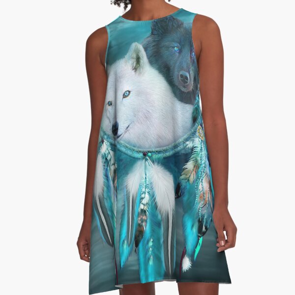 Dream Catcher White Wolf Black Wolf A-Line Dress