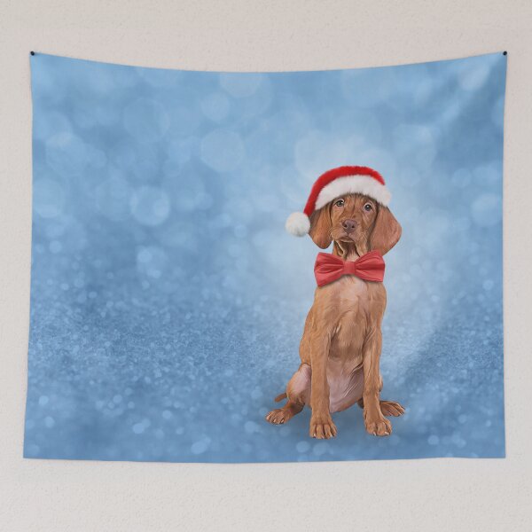 Item preview, Drawing funny Vizsla pointer in red hat of Santa Claus  designed and sold by bonidog.