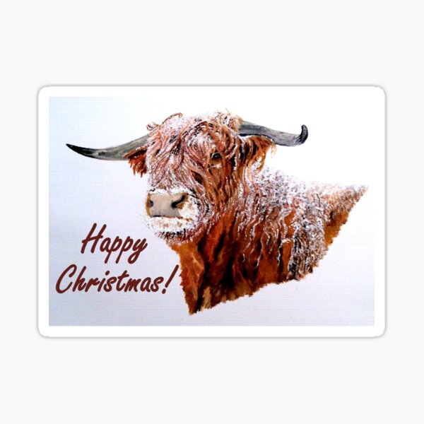 Snowy Highland Cow Christmas Card Sticker