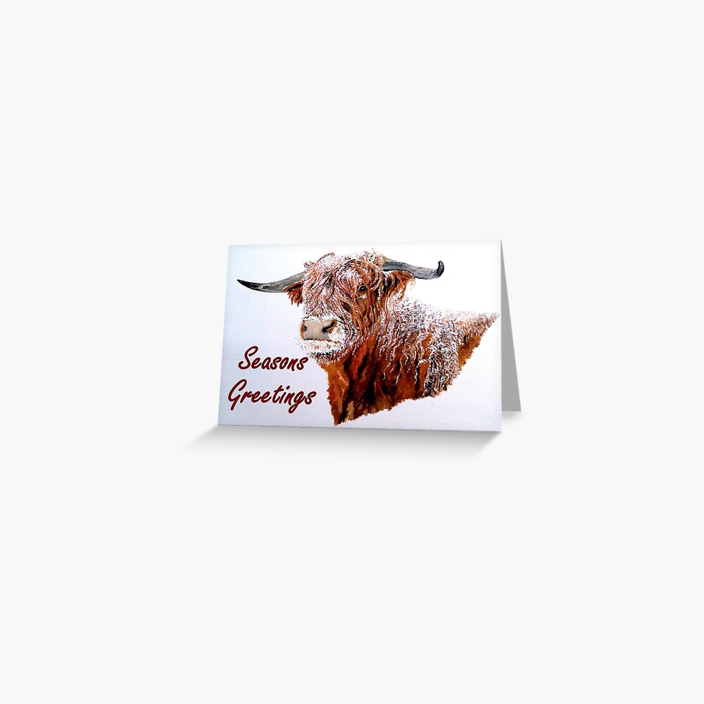 Snowy Highland Cow with 'Seasons Greetings' Greeting Card