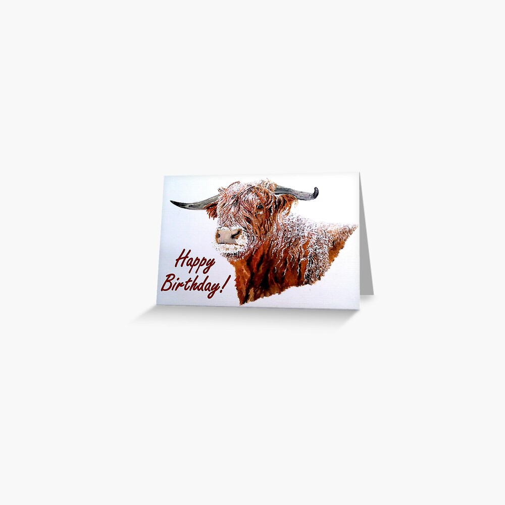 Snowy Highland Cow Birthday Card Greeting Card