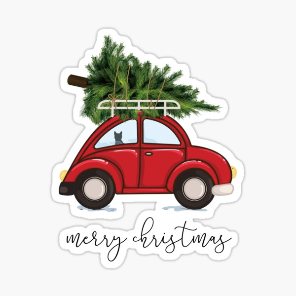 Weihnachtsbaum auf rotem Auto mit Katze Sticker
