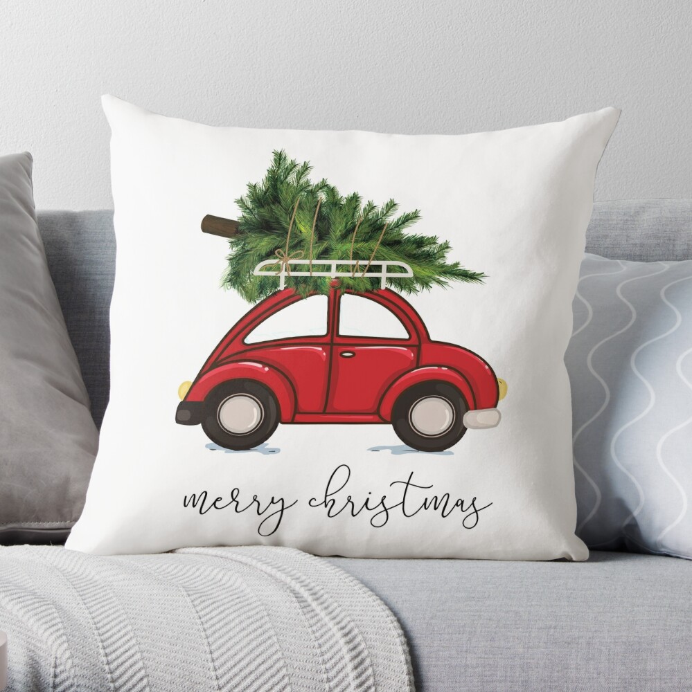 Deko Kissen Auto mit Weihnachtsbaum und Hunden Filzoptik rot creme