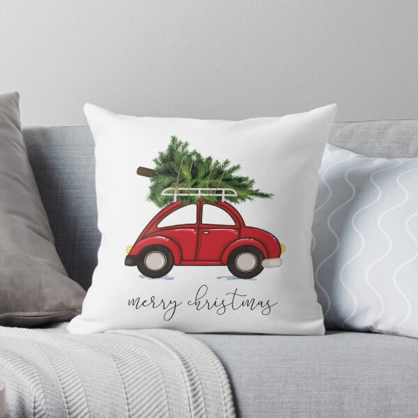 Christmas Tree on Red Car Throw Pillow