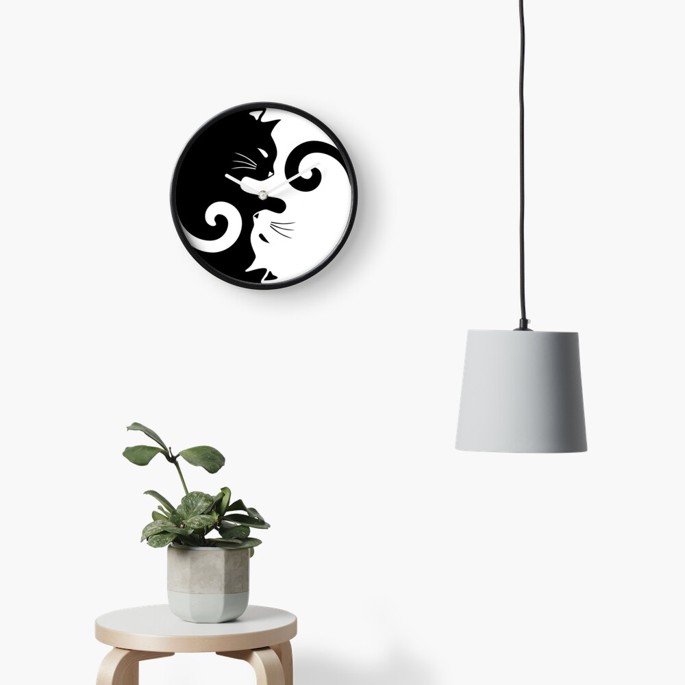 Ying Yang Cats - Black & White Clock