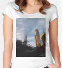 yellow, sky, travel, airplane, outdoors, city, business, technology, architecture, vertical, color image, New York City, USA Women's Fitted Scoop T-Shirt