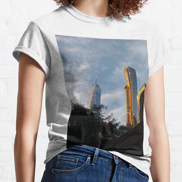 yellow, sky, travel, airplane, outdoors, city, business, technology, architecture, vertical, color image, New York City, USA Classic T-Shirt