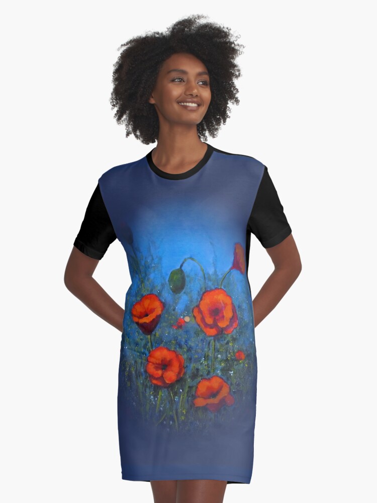 blue dress with red poppies