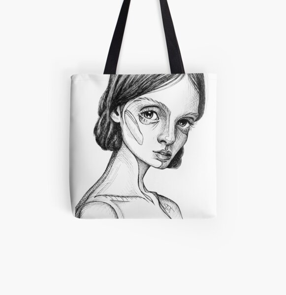 Meet Cecile - portrait of a thinker #2 – black and white ink drawing All Over Print Tote Bag