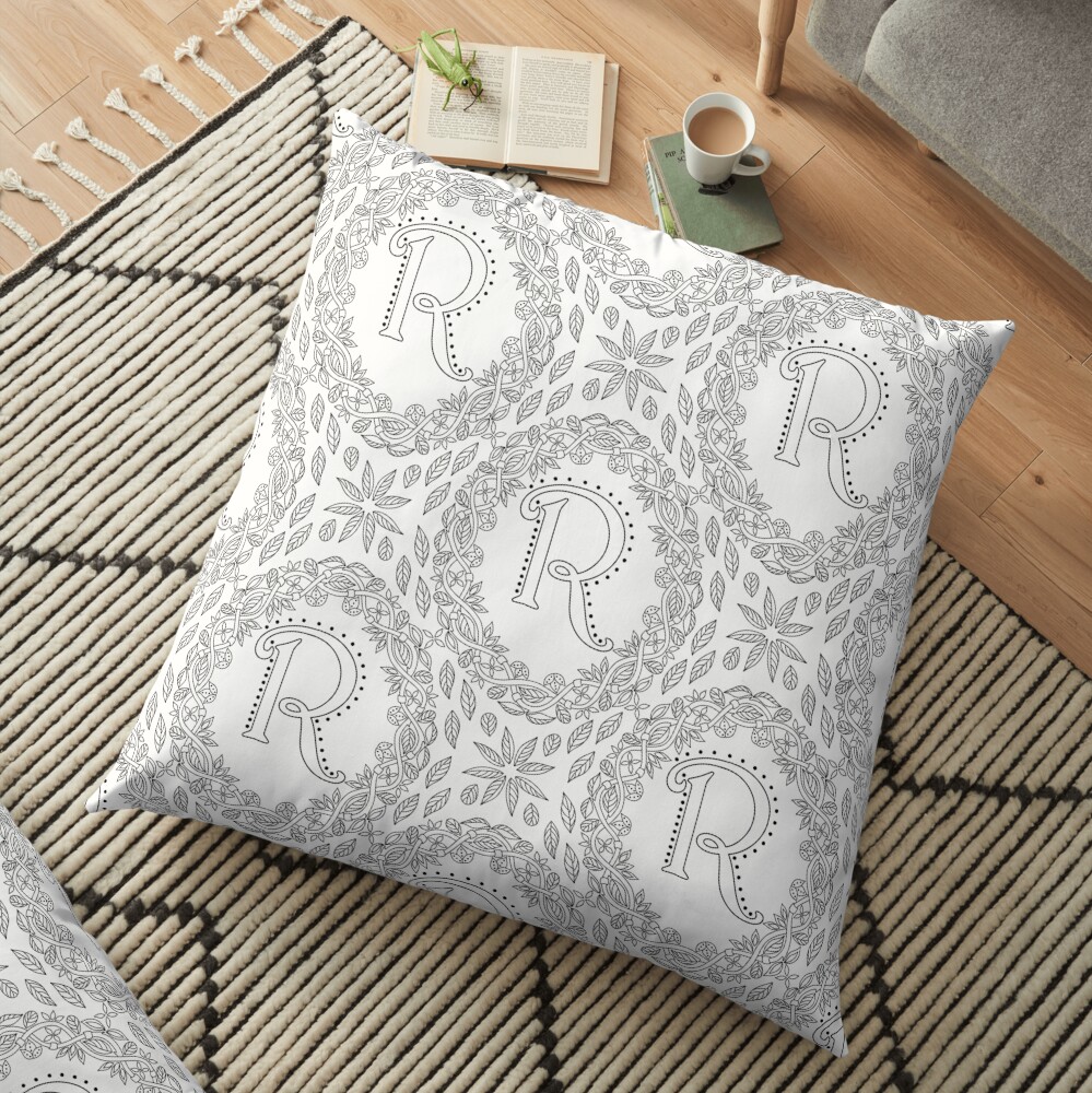 Letter R Black And White Wreath Monogram Initial Floor Pillow