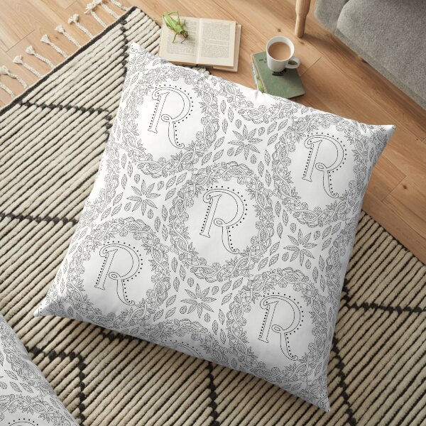 Letter R Black And White Wreath Monogram Initial Floor Pillow