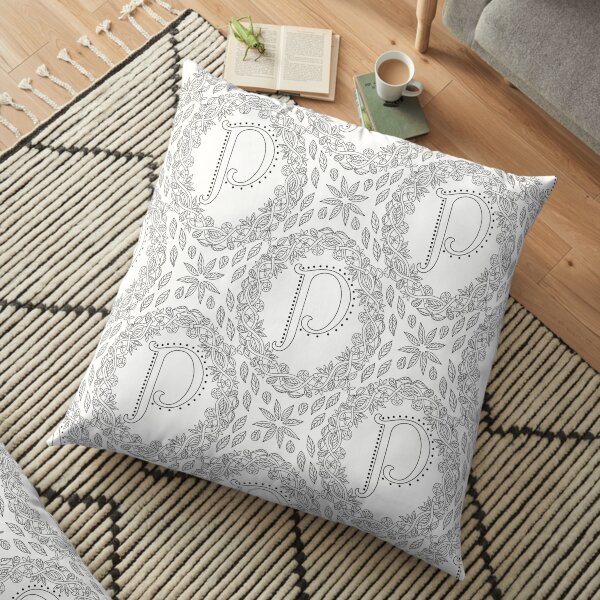 Letter P Black And White Wreath Monogram Initial Floor Pillow