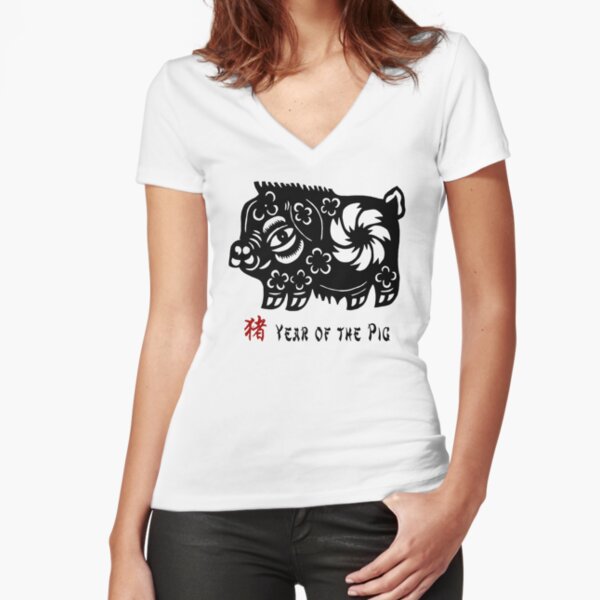 Chinese Zodiac Pig Papercut Fitted V-Neck T-Shirt