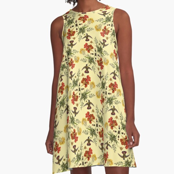 Hummingbirds in Summer. batanical nature pattern. A-Line Dress