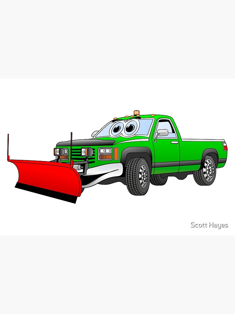 "Green R Pick Up Truck Snow Plow Cartoon" Art Print by Graphxpro