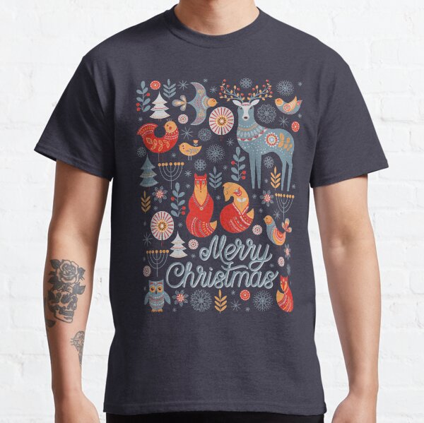 The pattern of animals, flowers, trees, birds. The Scandinavian style. Folk art. Christmas pattern. Classic T-Shirt