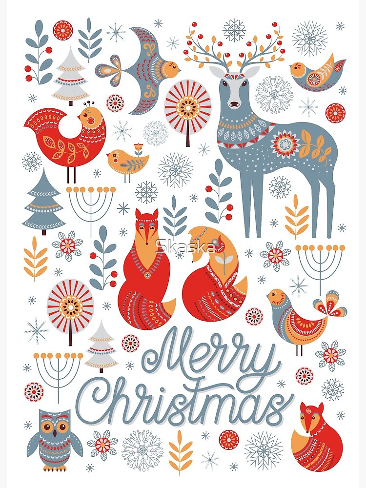 The pattern of animals, flowers, trees, birds. The Scandinavian style. Folk art. Christmas pattern. the-pattern-of-animals-flowers-trees-birds-the-scandinavian-style-folk-art-christmas-pattern-art-board-print-for-sale-by-skaska-redbubble
