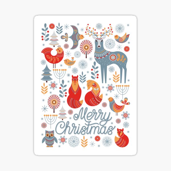 The pattern of animals, flowers, trees, birds. The Scandinavian style. Folk art. Christmas pattern. Sticker