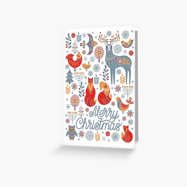 The pattern of animals, flowers, trees, birds. The Scandinavian style. Folk art. Christmas pattern. Greeting Card
