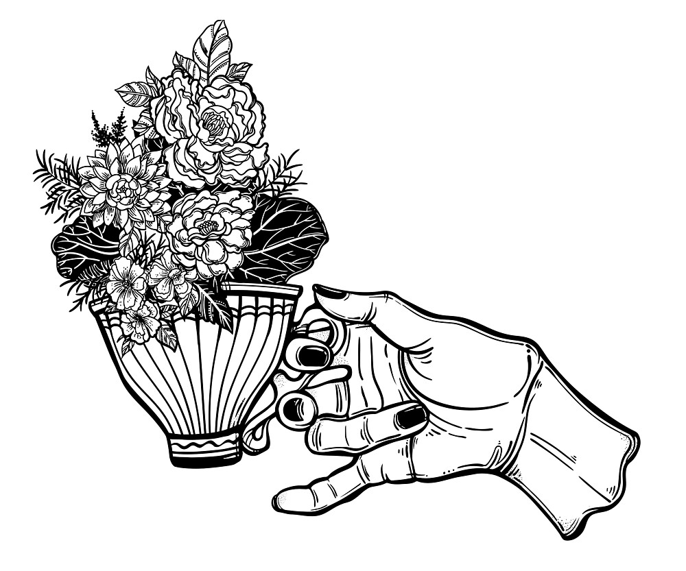 Hand Holding A Magic Tea Or Coffee Cup Field Summer Flowers