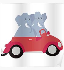 Funny elephants in red beetle car Poster