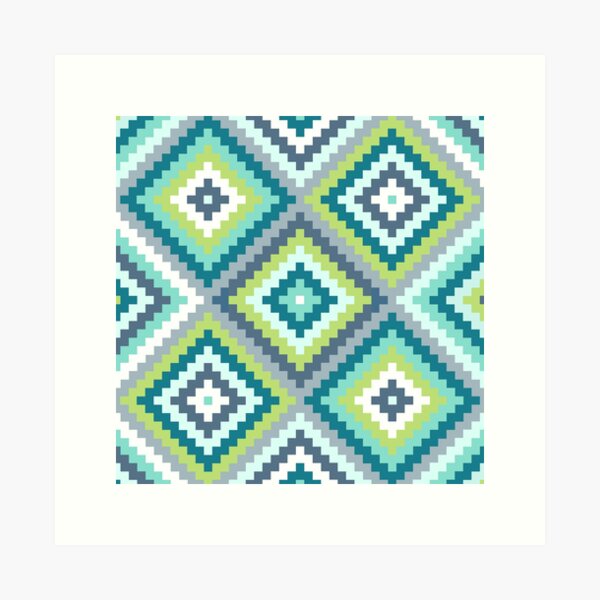Aperçu de l'œuvre Aztec Diamond Block Ptn Teals Blues Lime White créée et vendue par NataliePaskell.