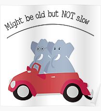 Funny elephants in red beetle car Poster