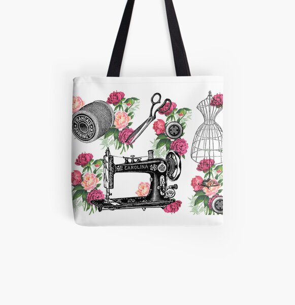 Vintage Sewing Pink Roses All Over Print Tote Bag
